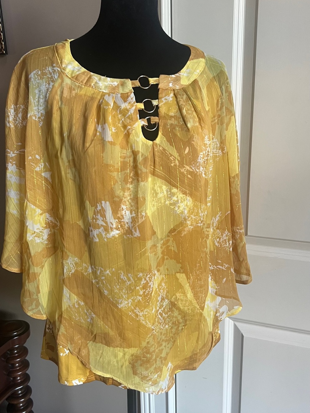 NY Collection Yellow Abstract Ring-Accent Tunic